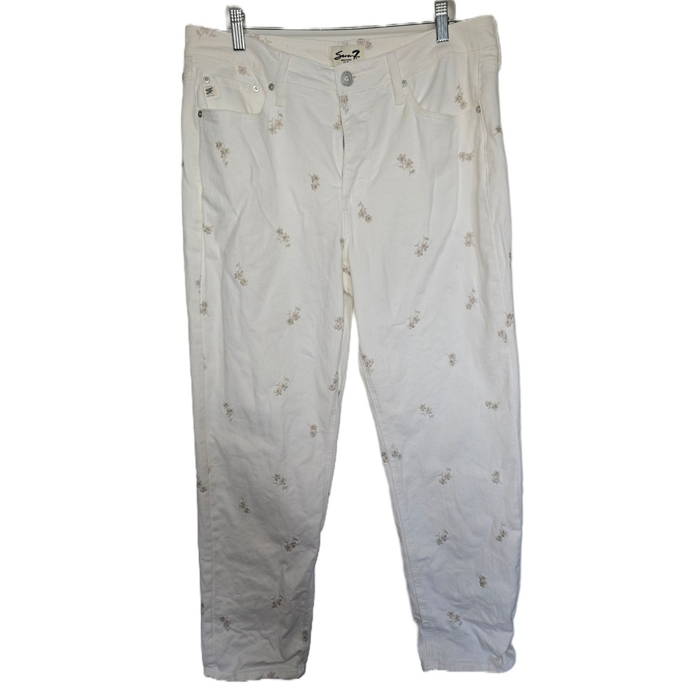 Seven7 Women White Floral Embroidered Straight Leg Denim Jeans Size 12 Stretch